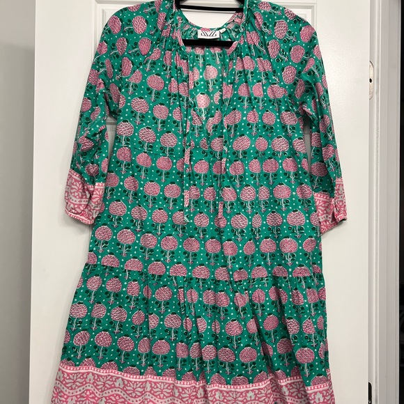 SZ Blockprints | Green and Pink Patterned Mini Dress Cover Up - Picture 1 of 3